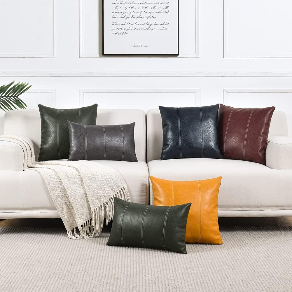 Burgundy Lumbar Waterproof Faux Leather Decorative Throw Pillow Covers 12X20 Inch for Living Room Couch Bed, Modern Farmhouse Boho Home Decor, Wine Red Hand Stitched Cushion Case 30X50 Cm