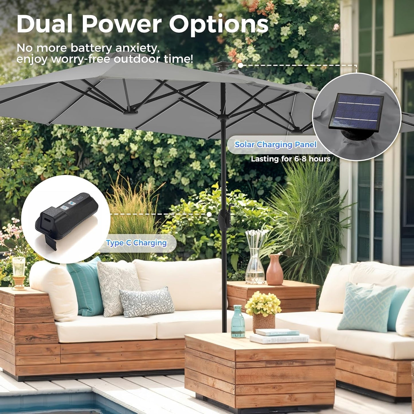 13-Foot Double-Sided Outdoor Patio Umbrella with Solar Lighting, Fade-Resistant Canopy, 12 Durable Ribs, for Deck, Pool, Porch, and Market Use