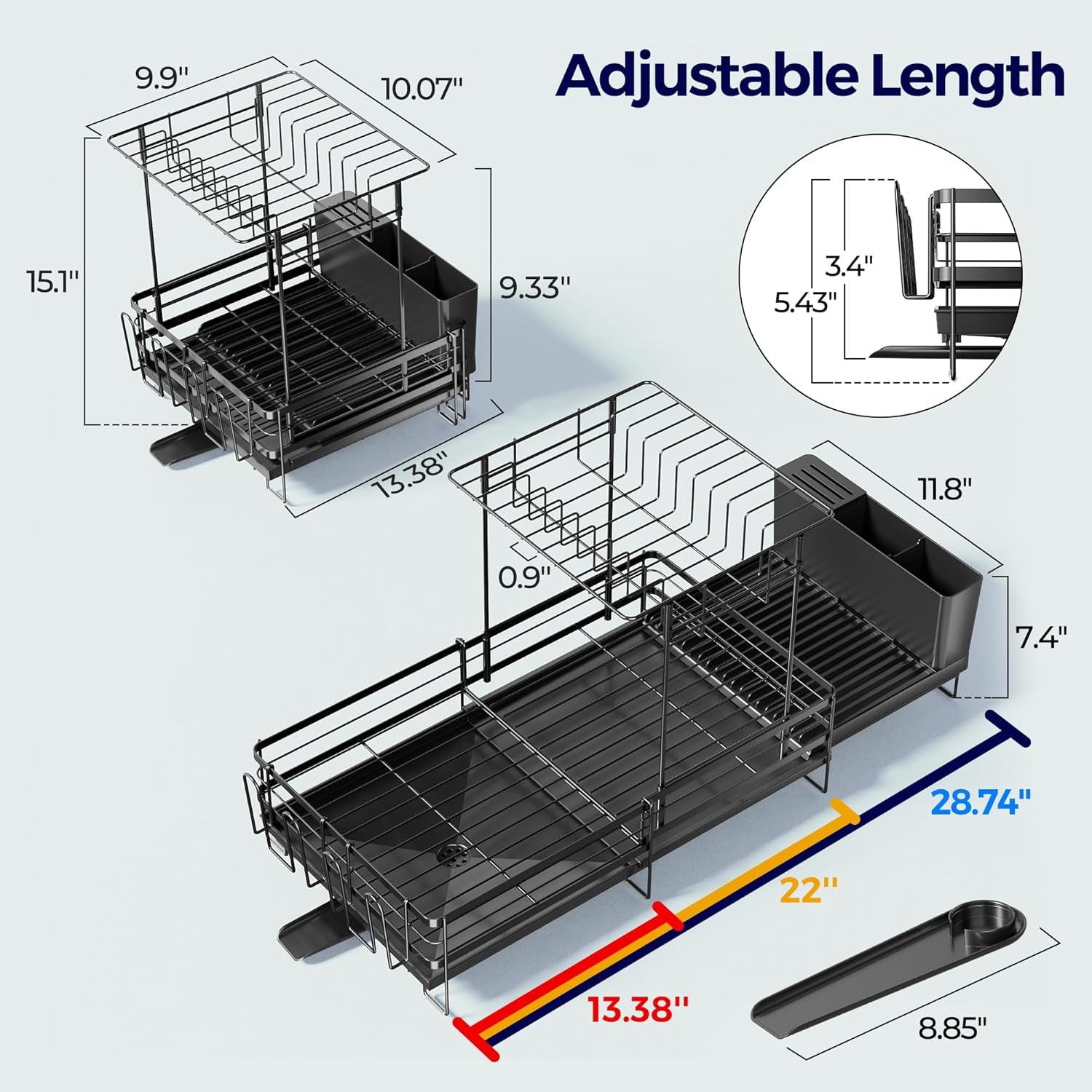 2 Tier Large Dish Drying Rack - Extendable Dish Rack for Kitchen Counter, Multifunctional Dish Drainer with Drainboard Set, Dishrack with Utensil Holder & Cup Holder, 13.4"-28.7" L X 11.8" W