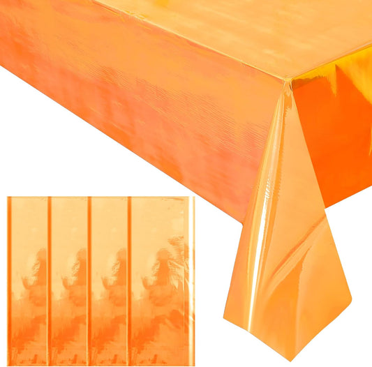 Set of 4 Orange Iridescent Disposable Tablecloths - 40 x 108 inches Shiny Laser Glitter Plastic Covers for Party, Wedding, and Banquet Decorations
