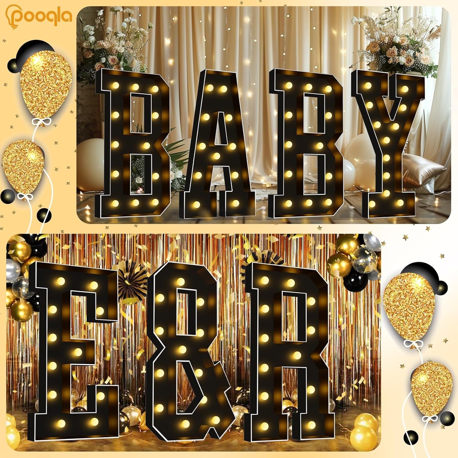 4 FT Marquee Light up Letters, Black Letter Lights 4 Feet Tall, Giant Sign Big Mosaic for Balloons Birthday Party Anniversary Wedding Decorations, Warm White S