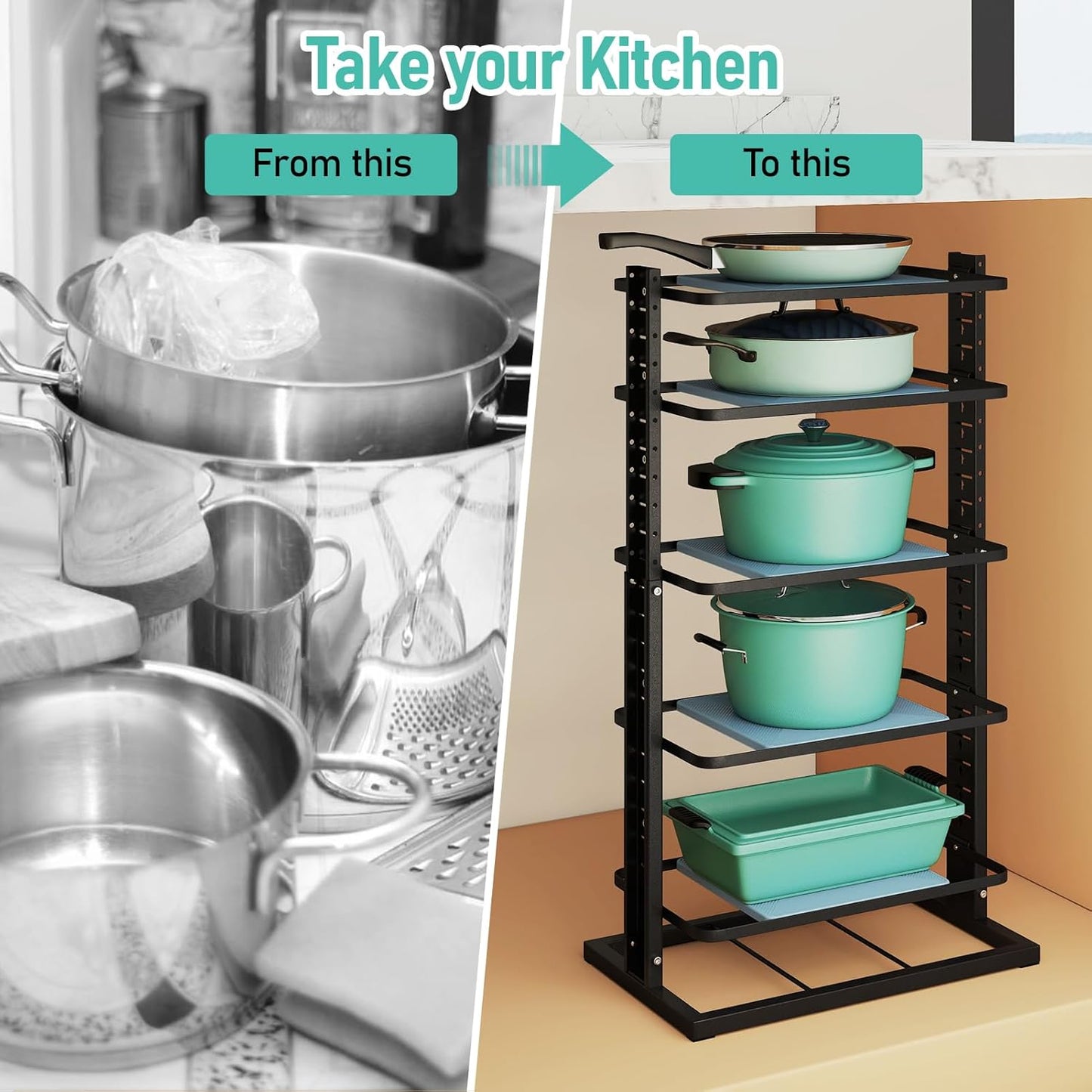 Pots and Pans Organizer for under Cabinet, 6-Tier Heavy Duty Adjustable Pan Pot Organizers inside Cabinet, Pot Rack for Kitchen Cabinet Organizers and Storage Black Holds 66 Lbs