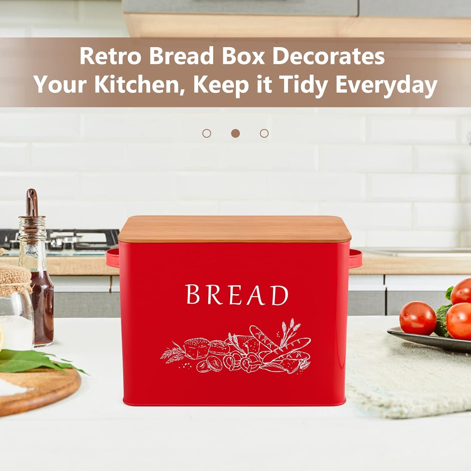 Bread Box for Kitchen Counter, Metal Bread Storage Bin with Wooden Cutting Lid, Large Capacity for Holding 2+ Loaves, Retro Modern Style, Size 13” X 7.2” X 9.7”, Red
