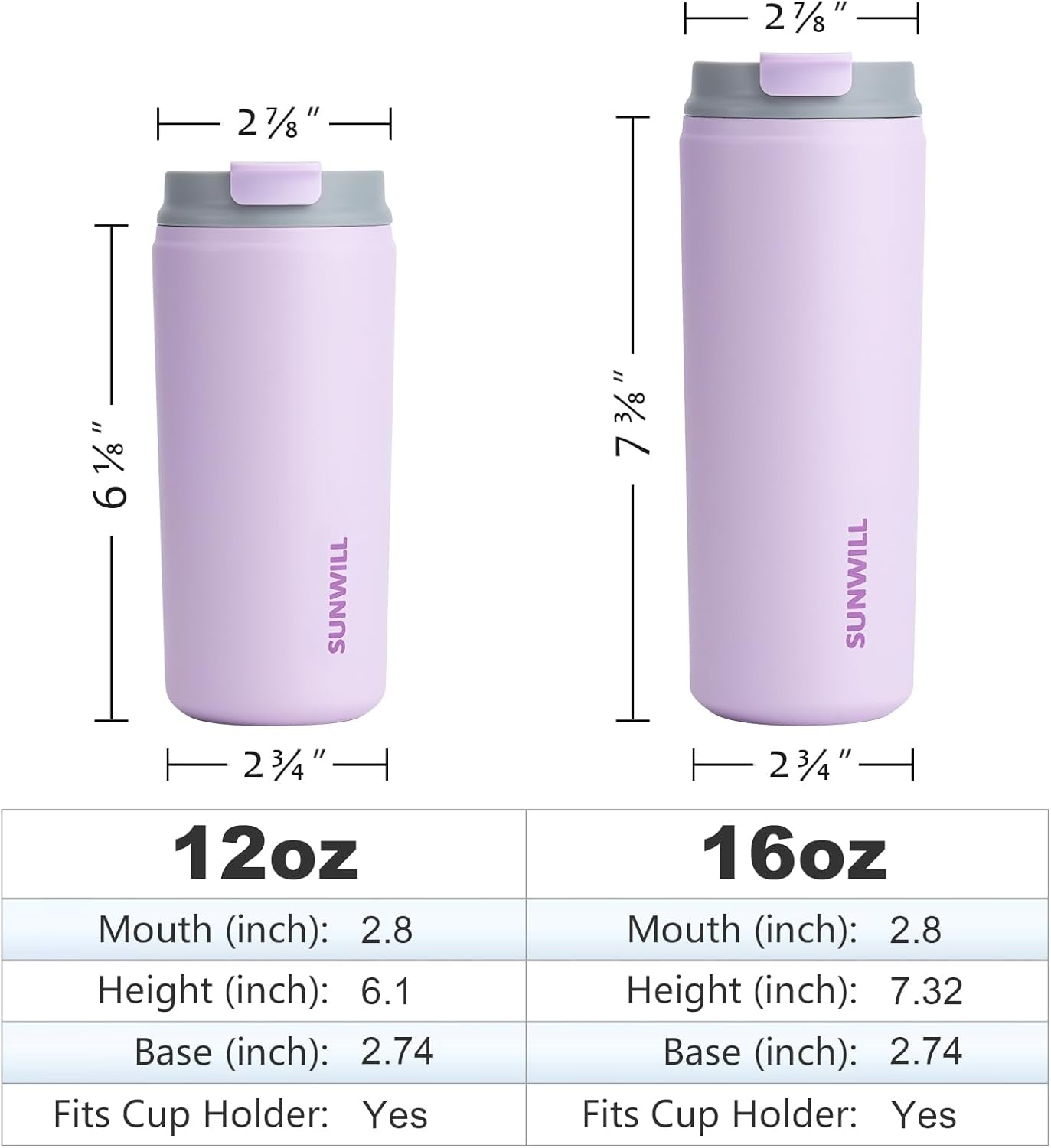 Travel Coffee Tumbler, Insulated Mug with Lid, Leak Proof Stainless Steel Cup 12 Oz for Water, Tea, Ice, Powder Coated Lavender