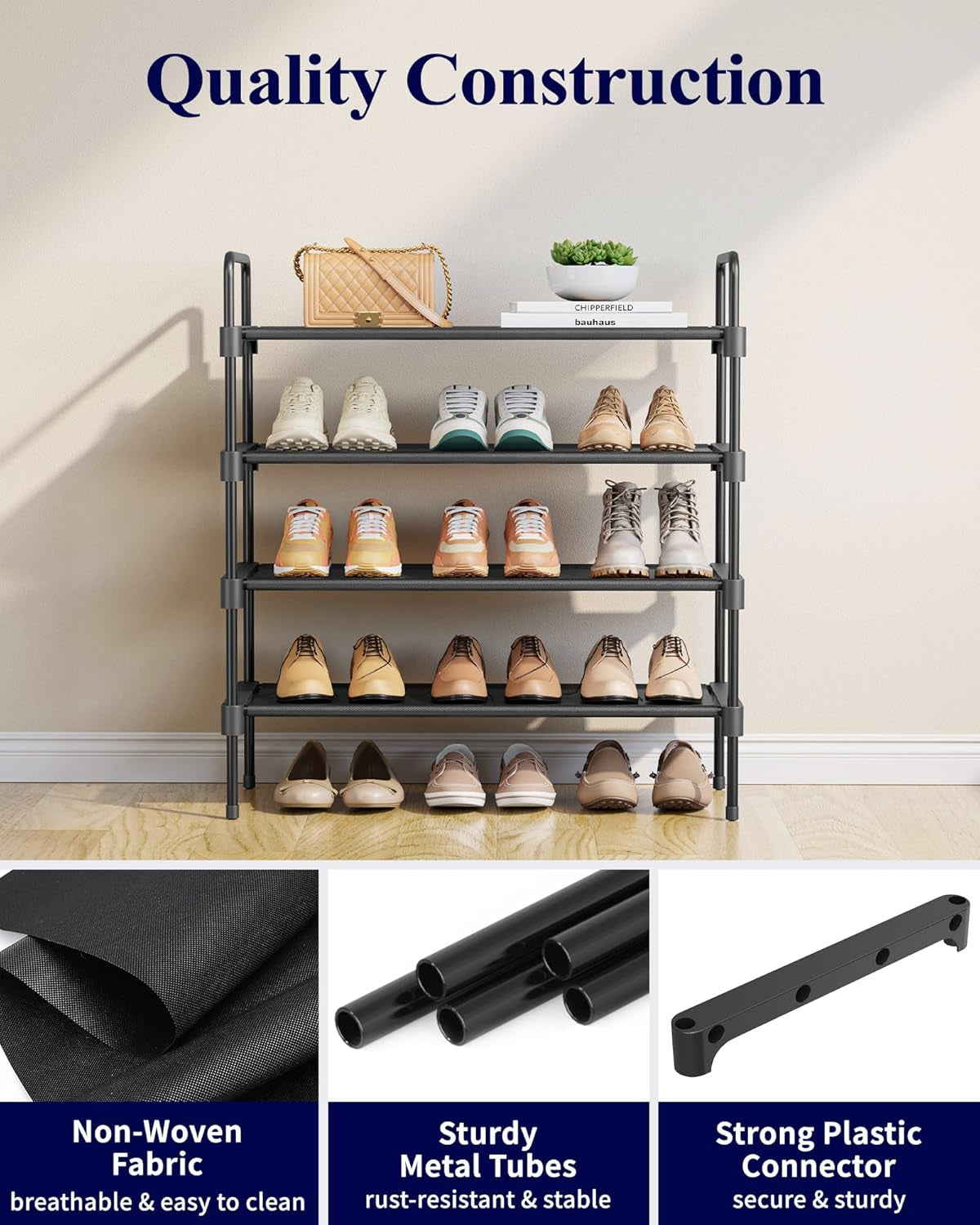 4-Tier Shoe Rack - Metal Shoe Organizer and Shoe Shelf with Handle, Easy-Assembly, Sturdy Shoe Rack for Closet, Entryway, Bedroom (Black, 26.6'' X 11.4'' X 29.5'')