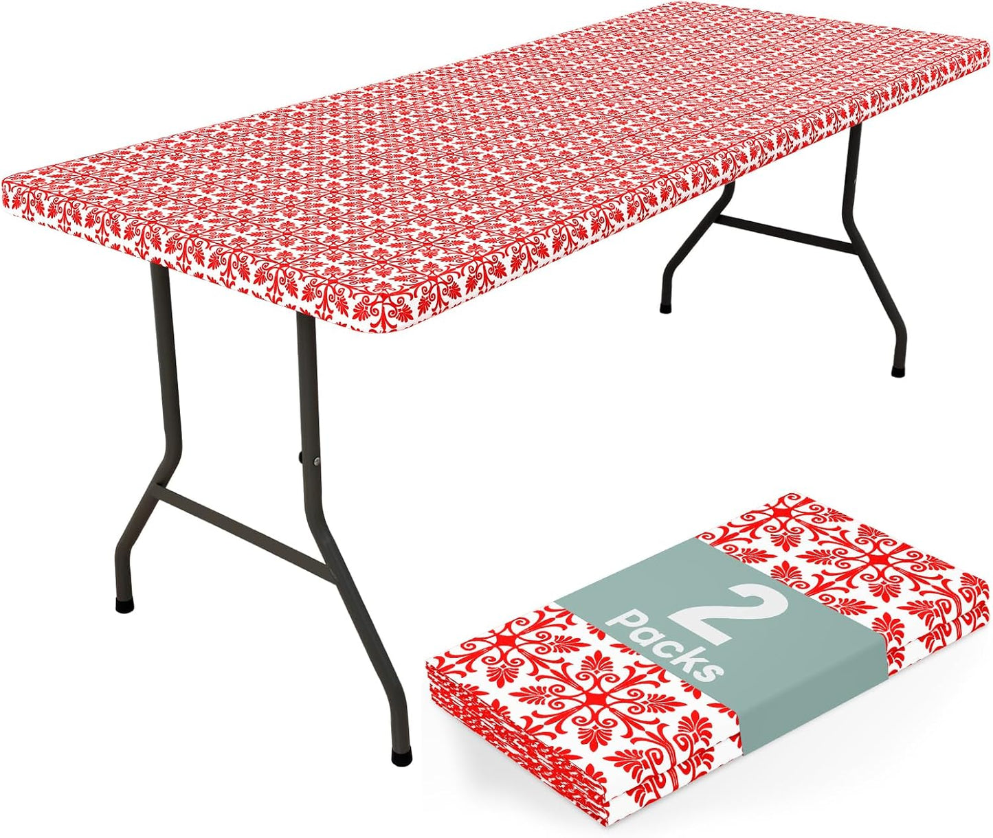 2 Pack 6 Foot Rectangle Picnic Tablecloth, Elastic Fitted Waterproof Table Cover, Windproof Washable Polyester Table Cloth for Camping, Indoor and Outdoor (Red, 30" X 72")