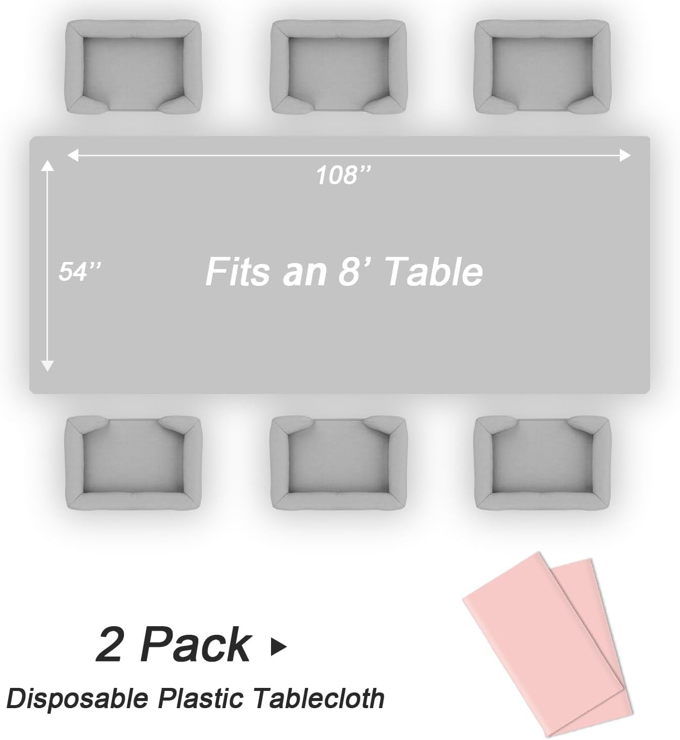 Plastic Table Cloth Disposable 2 Pack, 54 X 108 Inch Tablecloths for Rectangle Tables, Blush Pink Plastic Table Cover