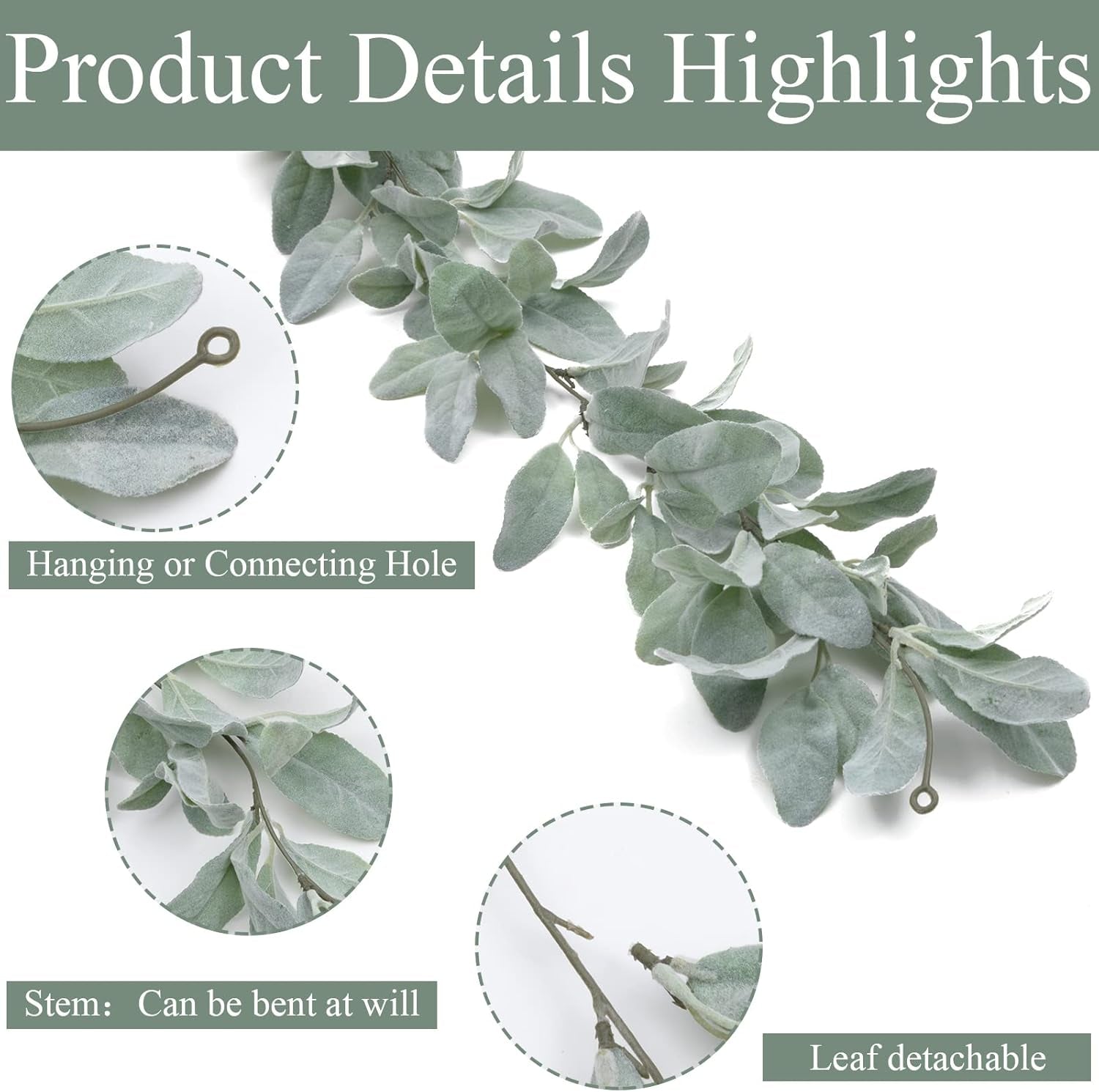 6 Ft Artificial Flocked Lambs Ear Garland - Greenery Vines, Faux Green Leaves for Mantle, Wedding, Home Party Decor, DIY Floral (1 Pack)