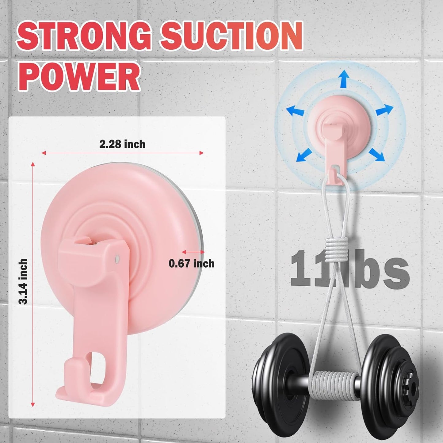 Suction Cup Hooks for Shower, Powerful Vacuum Shower Hook for Towel, Robe, Loofah - Reuseable and Removeable Bathroom Hook, Pink, 4 Pack
