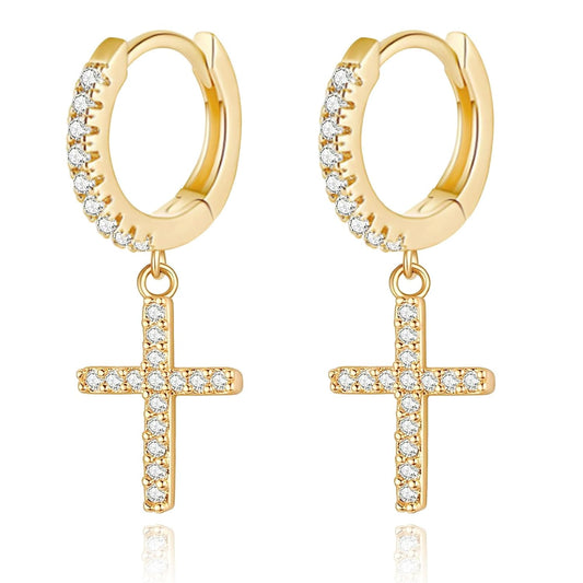 Mother'S Day Gold Hoop Earrings for Women 14K Gold Plated Huggie Hoop Earring Diamond Cut Cubic Zirconia Cross Earrings Hypoallergenic Dangle Earrings Jewelry Gift for Girls and Ladies (Cross-Gold)