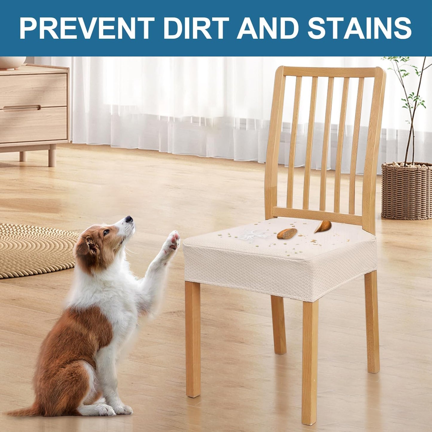 Set of 4 Waterproof Stretch Jacquard Removable and Washable Dining Room Chair Seat Covers, Beige