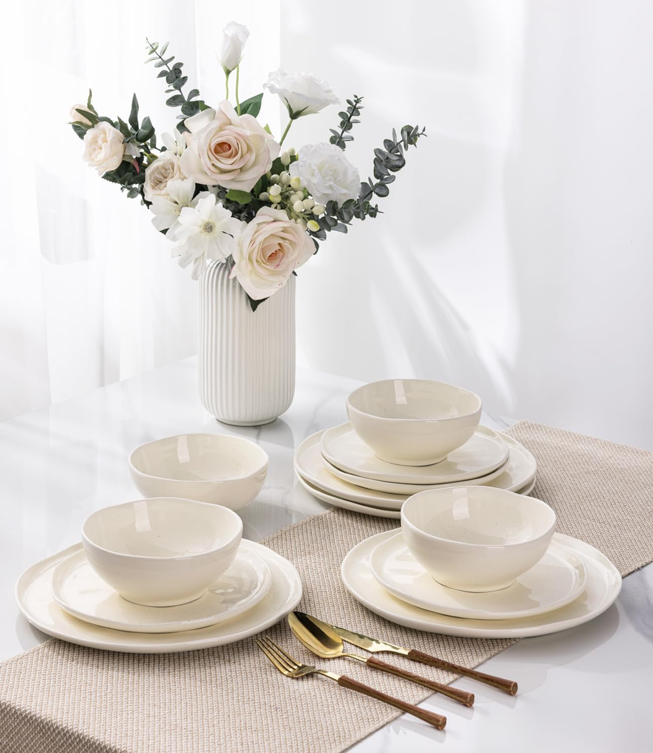 Ceramic Dinnerware Set for Four, 12-Piece Porcelain Collection, Lightweight and Scratch-Resistant, Oven, Microwave, and Dishwasher Safe, Beige Speckled Finish