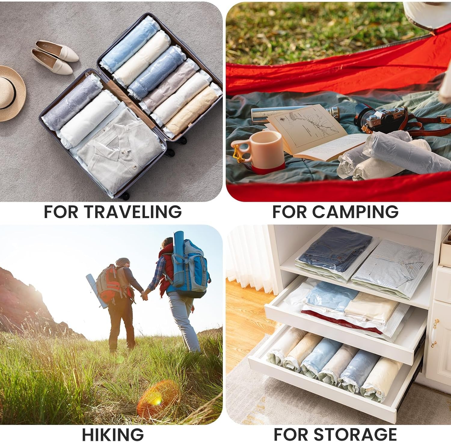 12 Pack Travel Compression Bags, Roll up Space Saver Bags (6 Large+6 Medium), No Vacuum Needed Reusable Packing for Luggage, Suitcase, Backpack, Travel Essentials, Cream