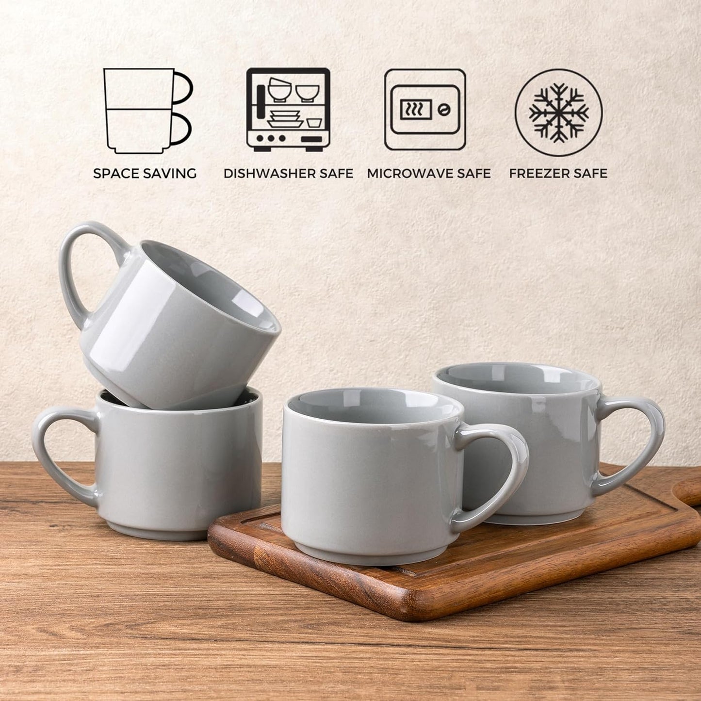 Set of 6 Modern 14oz Stackable Grey Ceramic Coffee Mugs for Hot Beverages