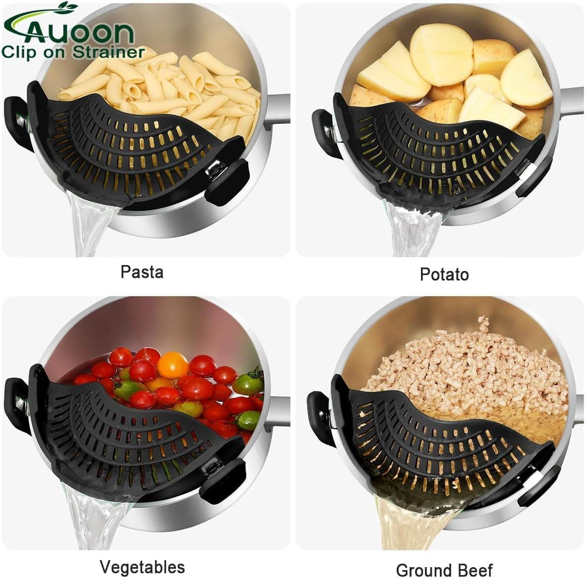 2PACK Clip on Strainer for All Pots Pans - Silicone Kitchen Colander Food Strainer for Pasta Meat Vegetable Fruits | Easy to Use and Store, Dishwasher Safe (Blackred)