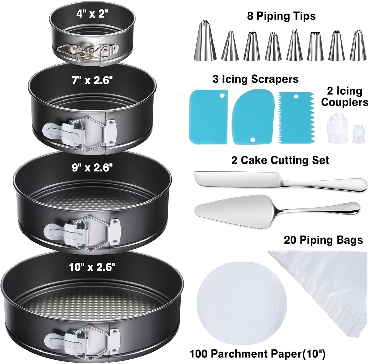 139PCS Springform Cake Pan Set - 4 Non-Stick Cheesecake Pans(4/7/9/10-Inch) + Cake Decorating Supplies: Parchment Paper, Pastry Bags and Tips, Icing Scrapers, Cake Cutting Set & More!