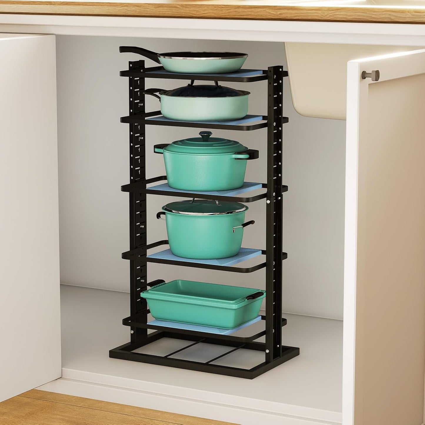 Pots and Pans Organizer for under Cabinet, 6-Tier Heavy Duty Adjustable Pan Pot Organizers inside Cabinet, Pot Rack for Kitchen Cabinet Organizers and Storage Black Holds 66 Lbs