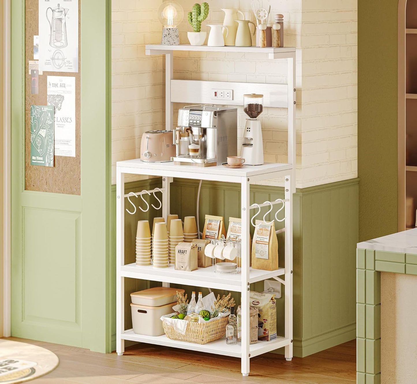 Professional Kitchen Bakers Rack with Power Outlet, 4-Tier Coffee Bar Table, Microwave Stand with 6 S-Shaped Hooks, Storage Shelf for Spices, Pots, and Pans - White