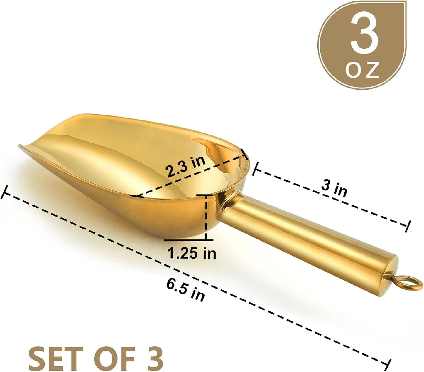 Canister Scoop Set of 3, Ice Candy Scoop, Stainless Steel Multipurpose Food Scooper for Buffet Jar Freezer, Mirror Finish & Dishwasher Safe, Gold, 3+3+3 Oz