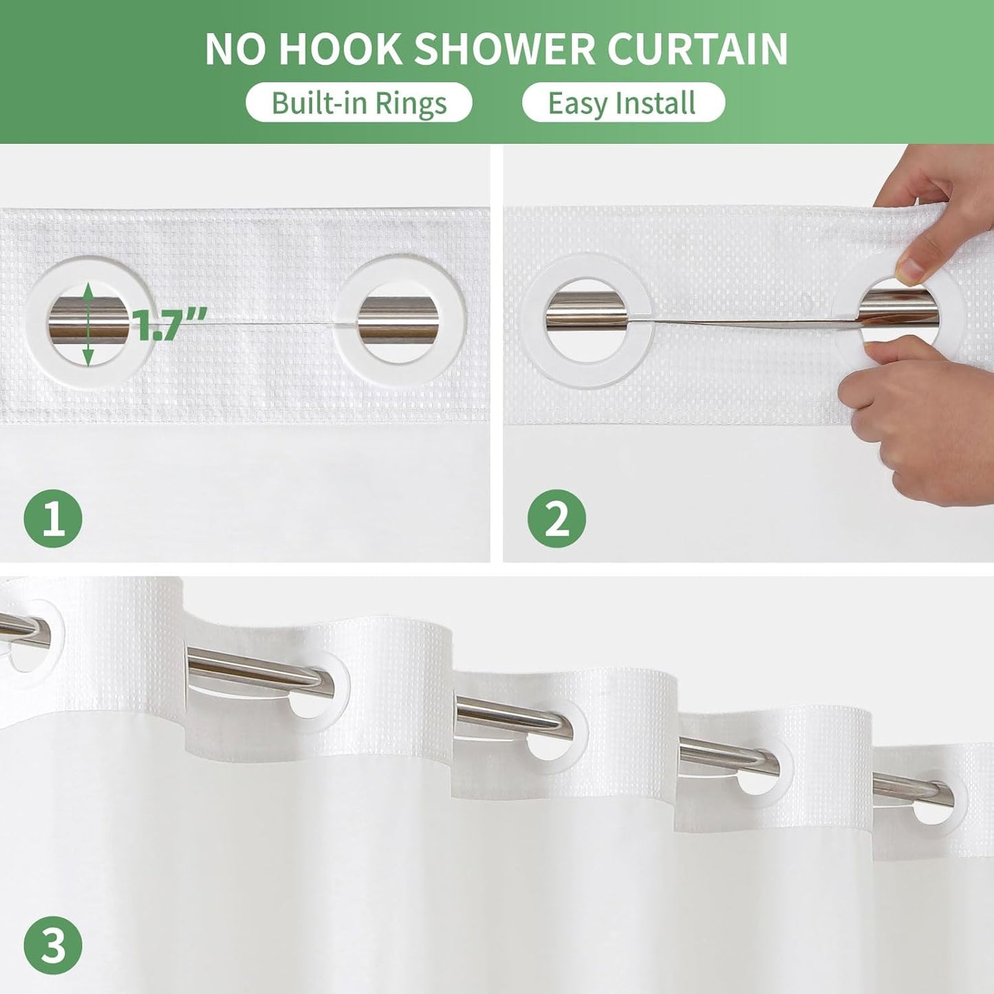 No Hook Waffle Weave Shower Curtain with Snap-In Fabric Liner Set,White Shower Curtains for Bathroom with See through Top Window,Water Repellent & Washable,71Wx74H