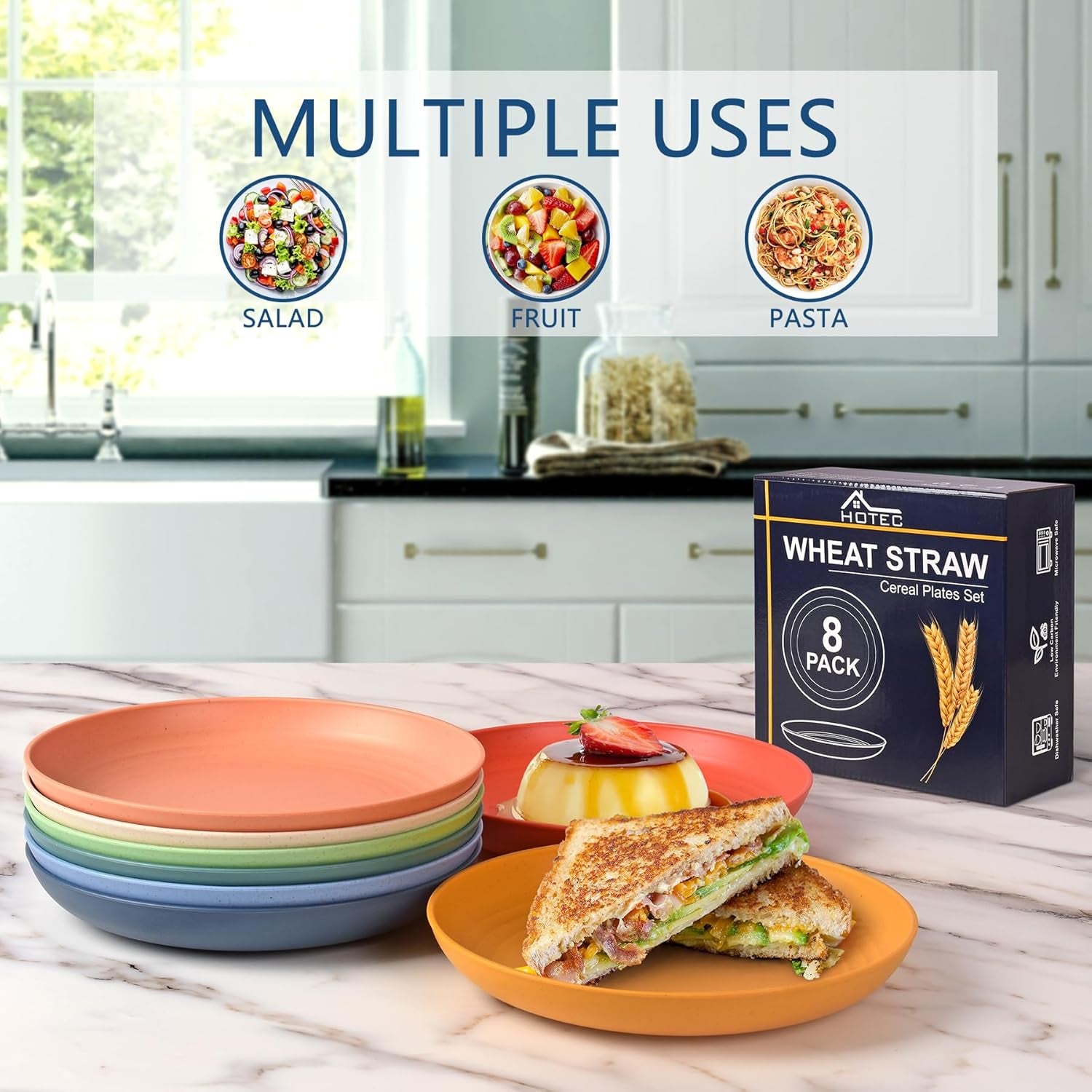 8-Pack 8Inch BPA Free Unbreakable Deep Plastic Plates, Wheat Straw Camping Plates Dishwasher Safe Kitchen Plates Dinnerware Multicolor