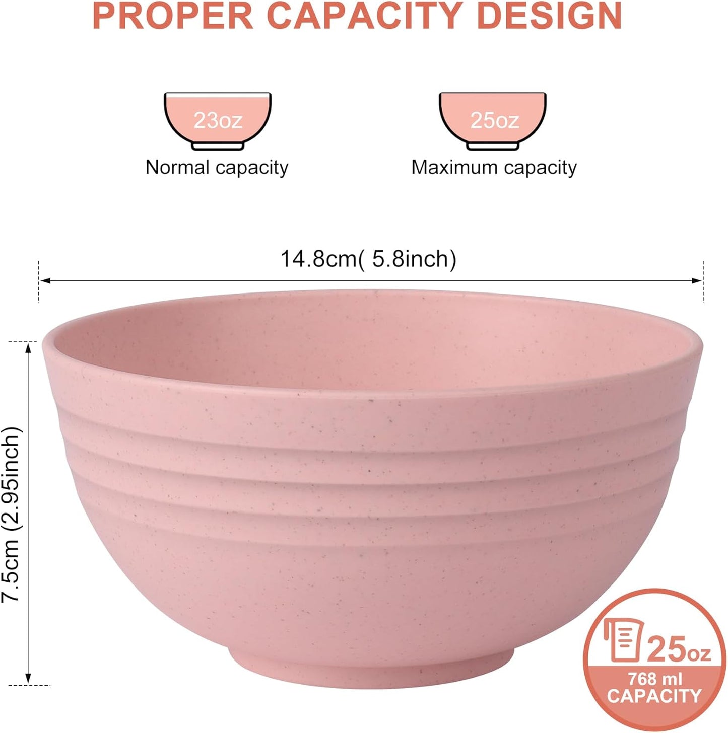 Unbreakable Wheat Straw Cereal Bowls - Microwave & Dishwasher Safe Soup and Salad Bowls, Set of 8, 26Oz, BPA Free,Pink