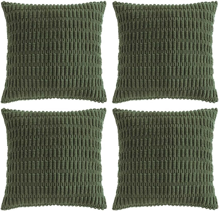 2 Packs Boho Olive Green Decorative Throw Pillow Covers 18X18 Inch for Couch Bed Sofa, Rustic Modern Farmhouse Home Decor, Soft Plush Corduroy Cute Square Cushion Case 45X45 Cm