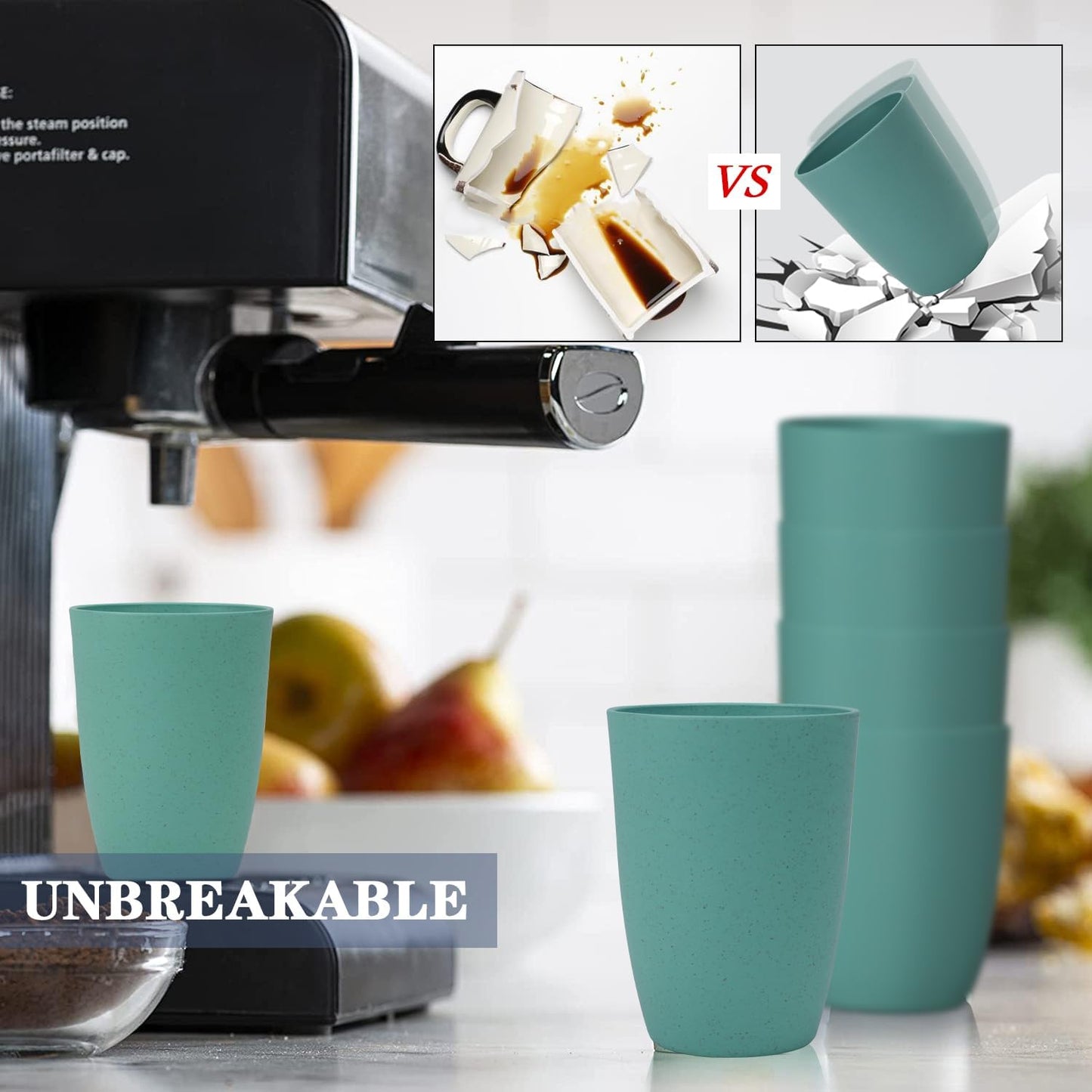 Wheat Straw Drinking Glasses Set - 8 Reusable Unbreakable 20 OZ Cups, Dishwasher and Microwave Safe, Green