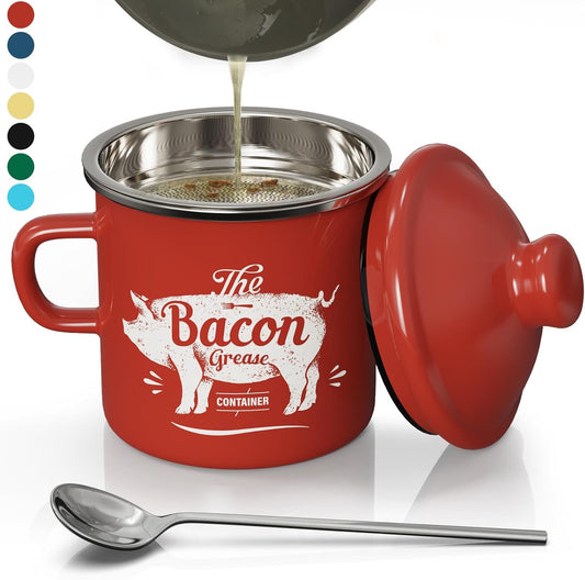 Mini Bacon Grease Container with Strainer - 15OZ Enamel Grease Saver, Farmhouse Bacon Grease Keeper for Kitchen Fat Storage, Dishwasher Safe-Red