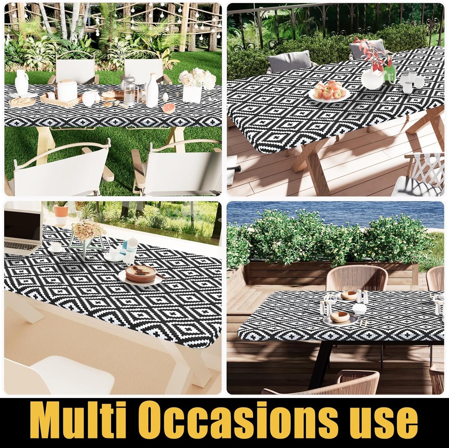 Rectangle Picnic Table Cloth, Waterproof Elastic Fitted Outdoor Tablecloths for 6 Foot Tables, Wipeable Flannel Backed Vinyl Table Cover for Camping, Dining and Indoor (30"X72", Black)