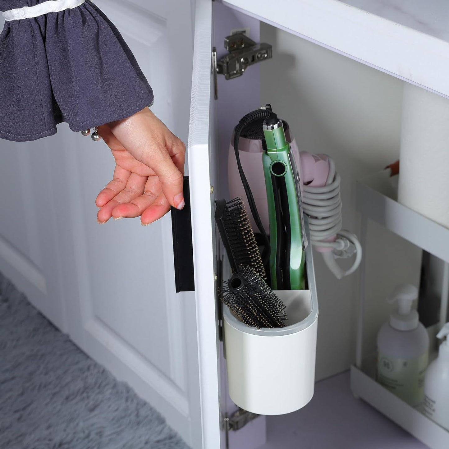 Self-Adhesive Hair Dryer Holder - 3-in-1 Hair Tool Organizer for Bathroom, Wall-Mounted, Over Cabinet Door, and Free-Standing, White and Grey