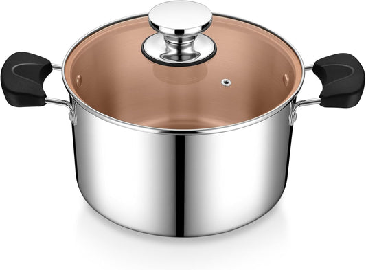 4 Quart Cooking Stock Pot,  Tri-Ply Stainless Steel Pot with Lid for Pasta Soup Vegetables, Work on Multi Stove Tops, Dual Heat-Resistant Pot Handles & Dishwasher Safe
