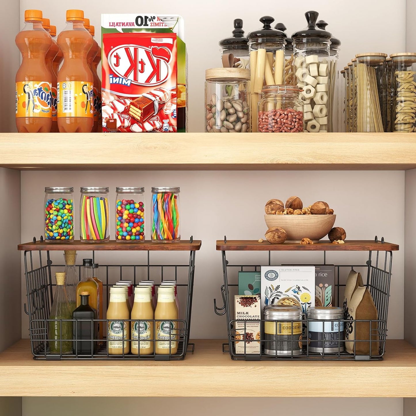2 Pack Stackable Wire Basket with Wood Top,Pantry Organizer and Storage,Potato Basket Onion Storage for Kitchen Counter,Spice Organizer for Cabinet