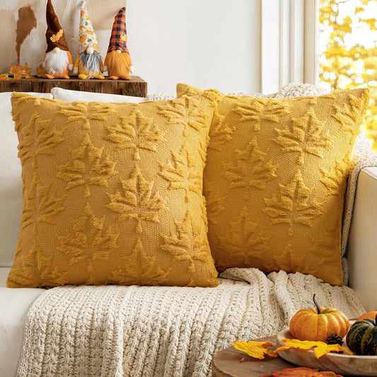 Mustard Yellow Fall Throw Pillow Covers 20x20 - Set of 2 Decorative Hollow Maple Leaf Accent Pillows in Soft Plush Faux Wool for Autumn Home Decor and Holiday Bedroom Use