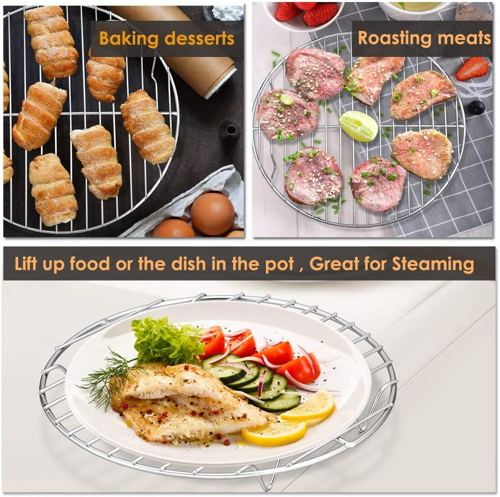 round Cooking Rack, 3 Pcs Stainless Steel Baking Cooling Steaming Grilling Rack, Fits Air Fryer/Stockpot/Pressure Cooker/Round Cake Pan, Oven & Dishwasher Safe (7.5 + 9 + 10.5 Inch)