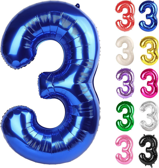 Metallic Blue Number 3 Balloon 40 Inch, 3 Balloon Number, 3Rd Birthday Decorations, Navy Blue Party Supplies for Boys Girls