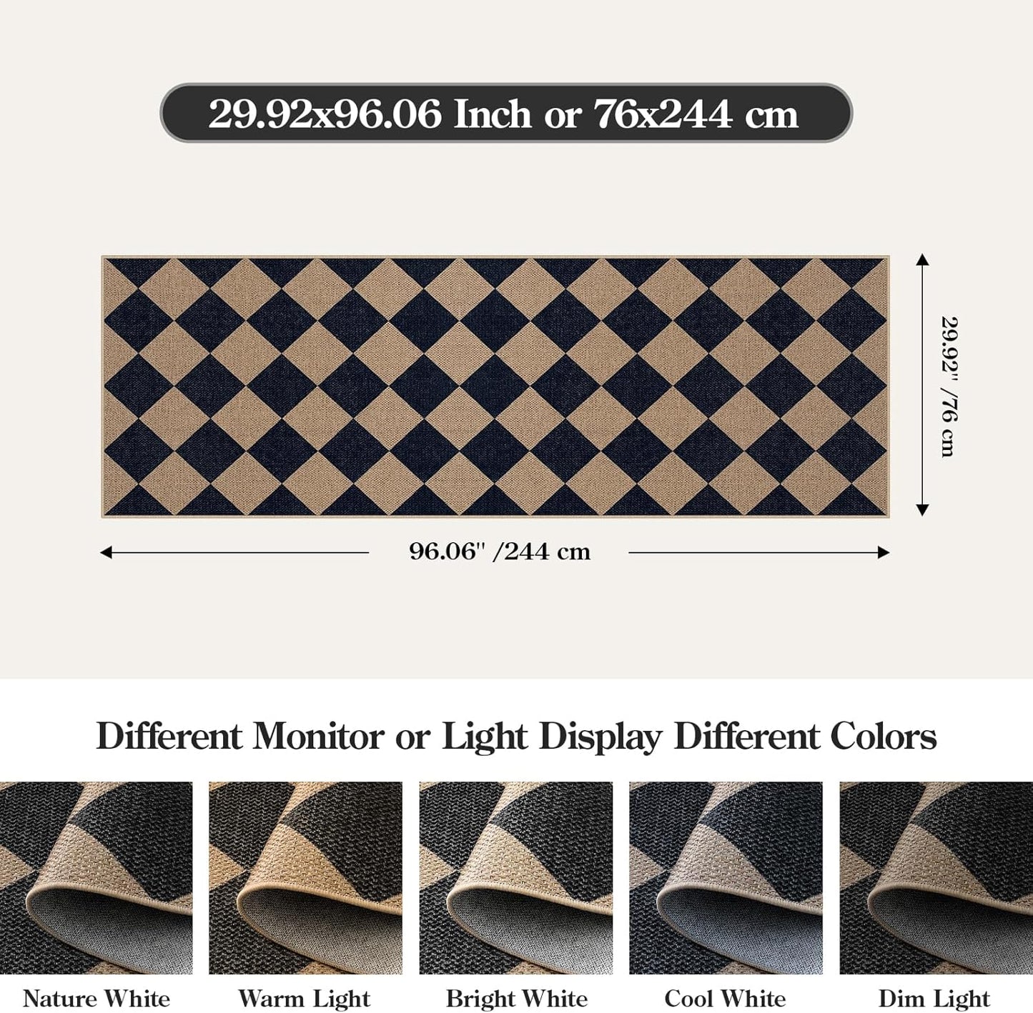 Checkered Easy Jute Runner Rug, Carpet Runners for Hallway 8Ft Washable Rug Non Slip Kitchen Runner, Checkerboard Black Indoor Outdoor Carpet for Entryway