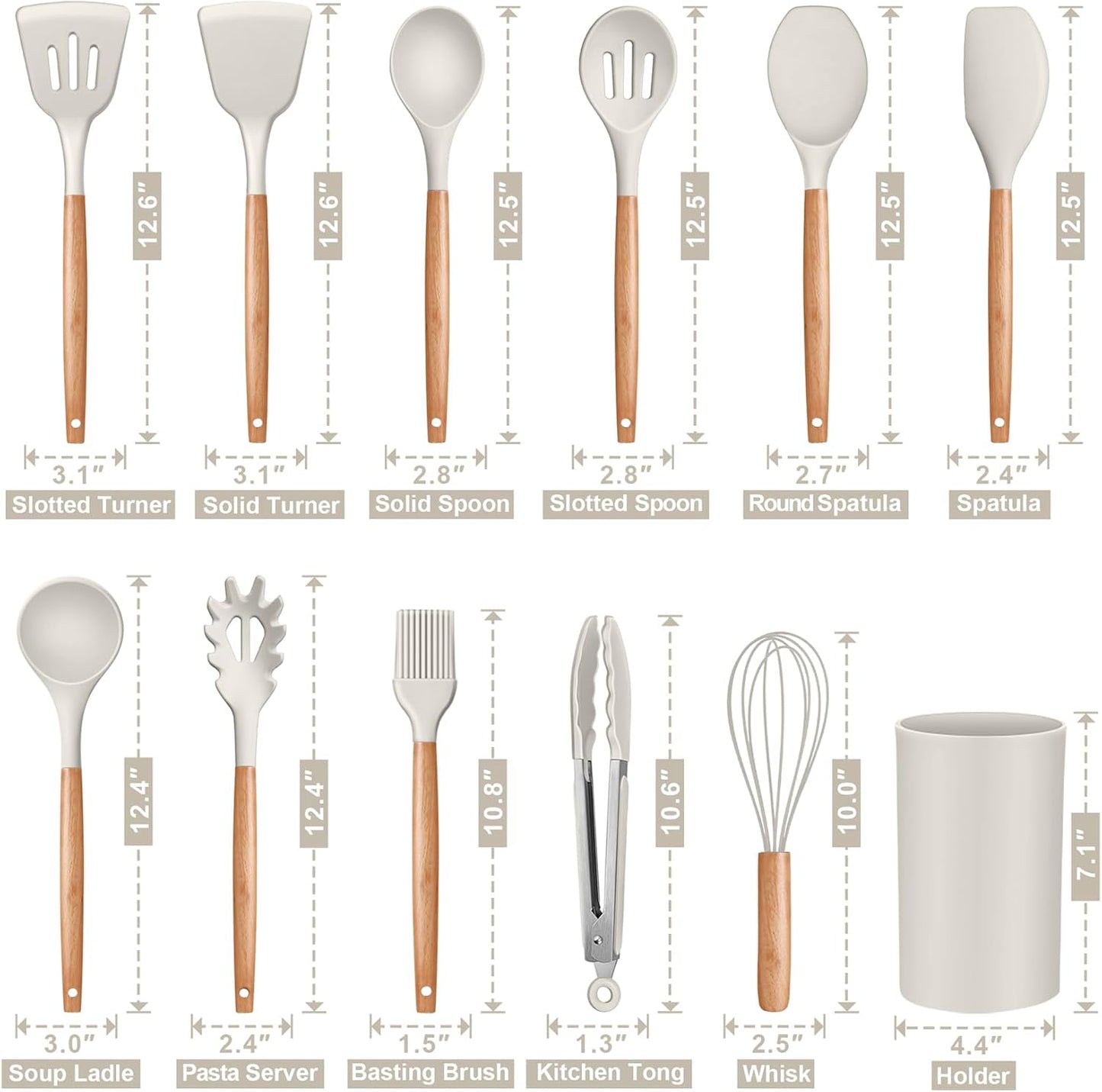 Silicone Cooking Utensils Set, 12PCS Kitchen Utensils Set with Wooden Handle for Nonstick Cookware, Ladle, Spoon, Spatula, Tong, Heat-Resistant & Non-Scratch, Non Smell & Healthy, Khaki