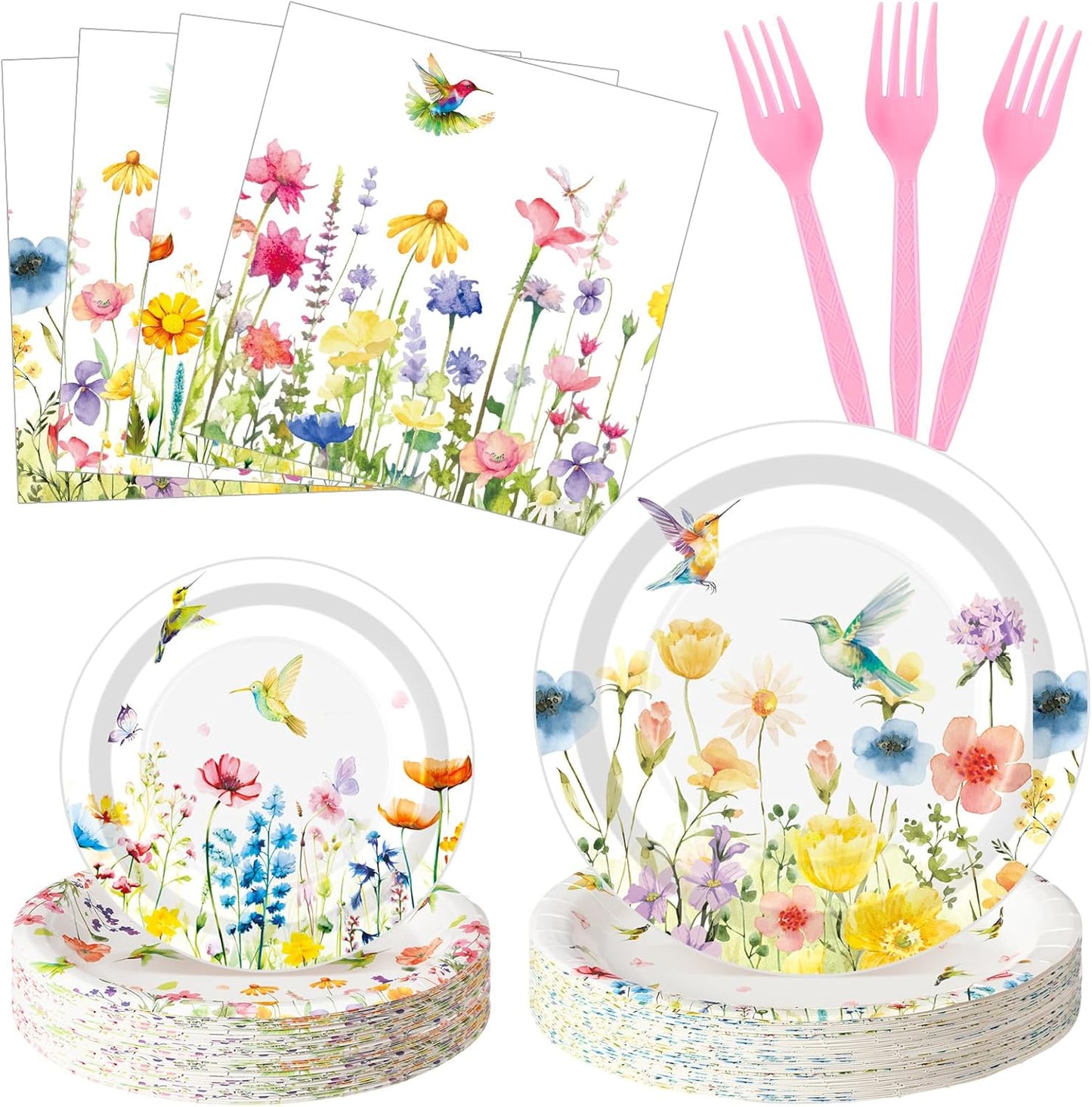 Wildflower Themed Party Supplies: 96 Disposable Paper Plates and Napkins for Baby Showers, Birthdays, and Seasonal Celebrations, Serving 24 Guests