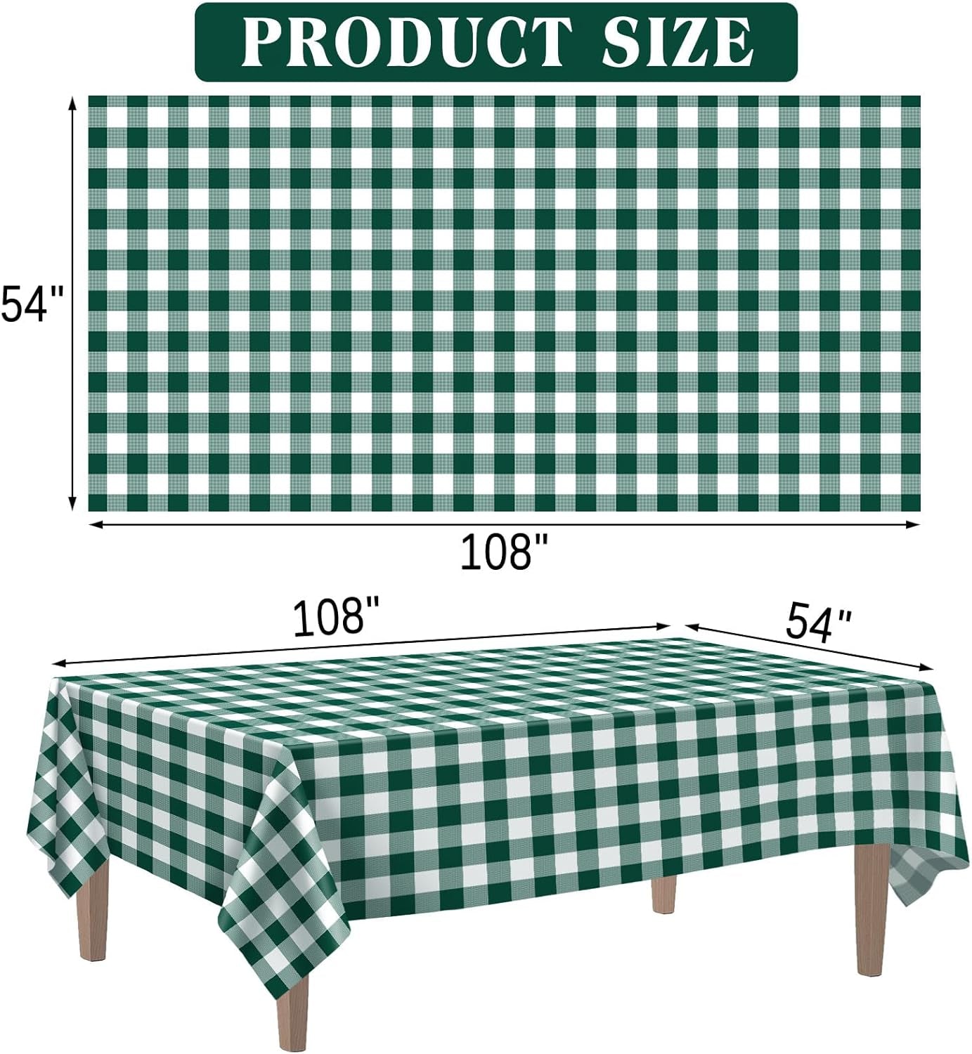 2 Pack Green Gingham Tablecloth, 54 X 108 Inches Green and White Checkered Tablecloths Plastic Table Cloth Disposable Picnic Tablecovers for Rectangle Table