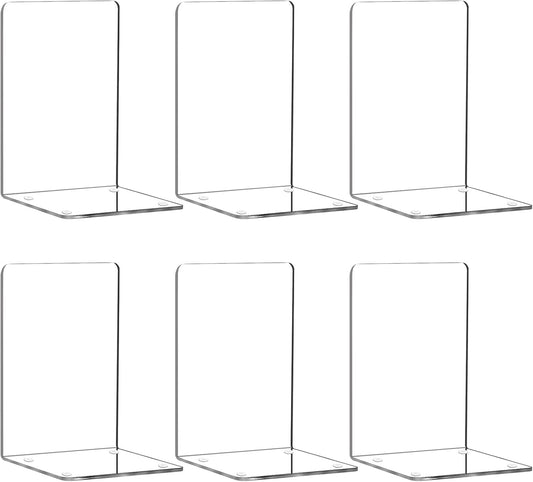 Book Ends 6 Pcs Acrylic Bookends Clear Book Holders for Shelves, Book Organizer with 24 Pcs Silicone Non-Slip Mats for Library Office School (5 * 5 * 7.3 Inch 3Mm Thickness 3 Pairs/ 6 Pcs)