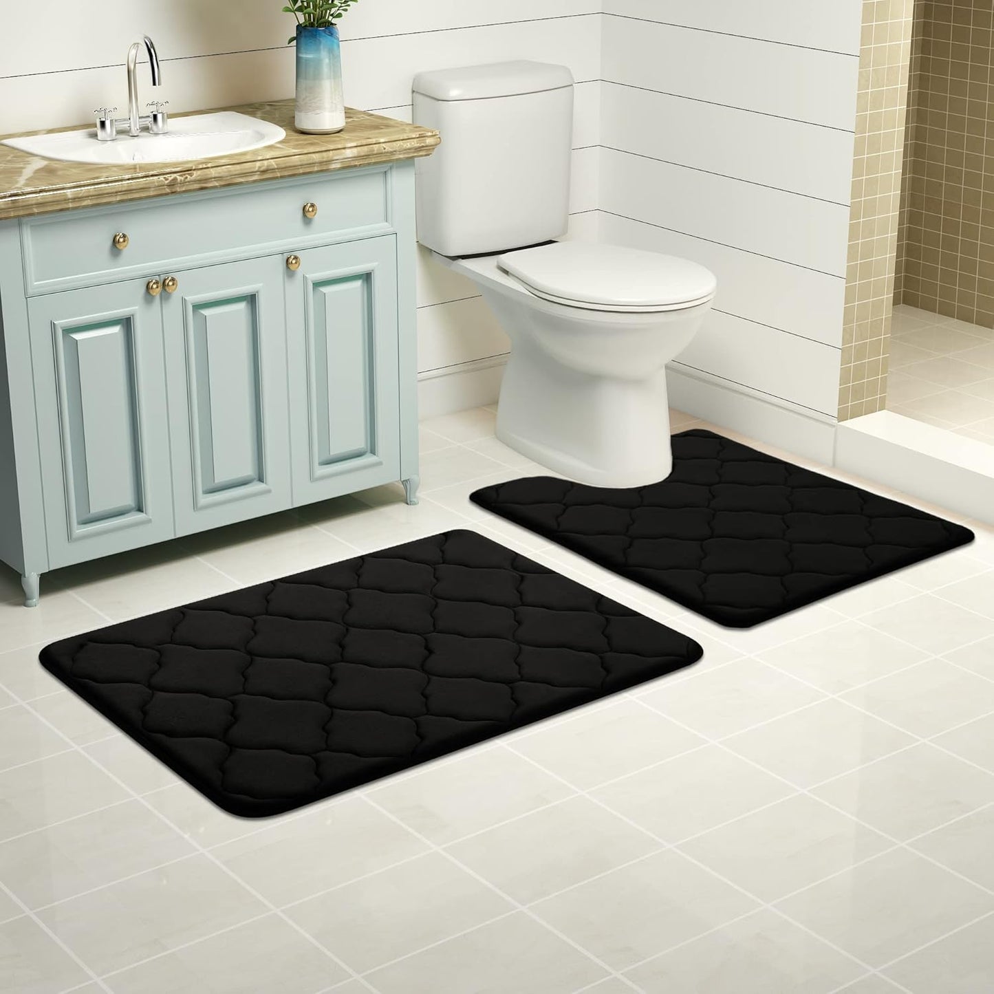 Memory Foam Bath Rug and Toilet Rug U-Shaped, Bath Rug Size 32X20 and Toilet Rug Size 24X20 in Black, 2 Item Bundle