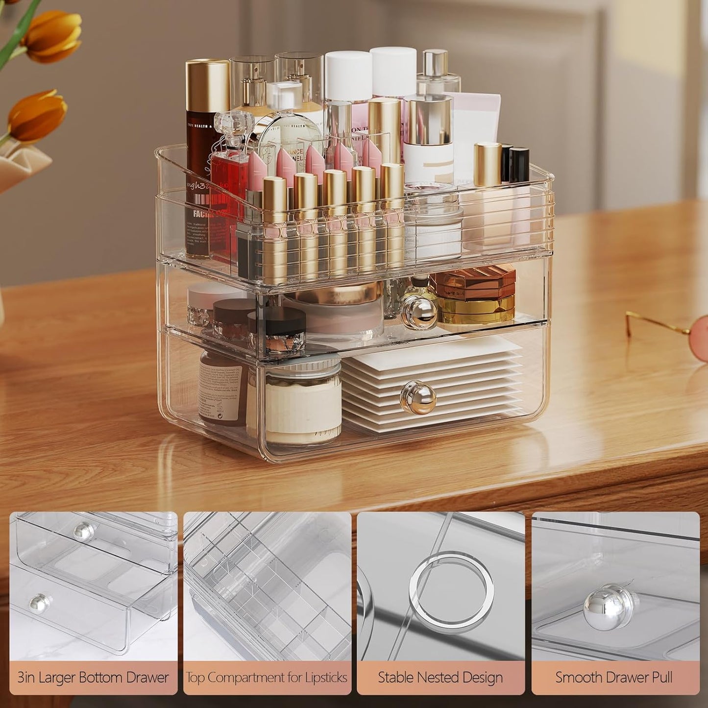 Makeup Organizer with Large Drawers, Bathroom Counter Skincare Organizer for Vanity,Storage Box with Handle, Cosmetic Display Case for Vanity Countertop, Skincare Perfume Storage, Clear