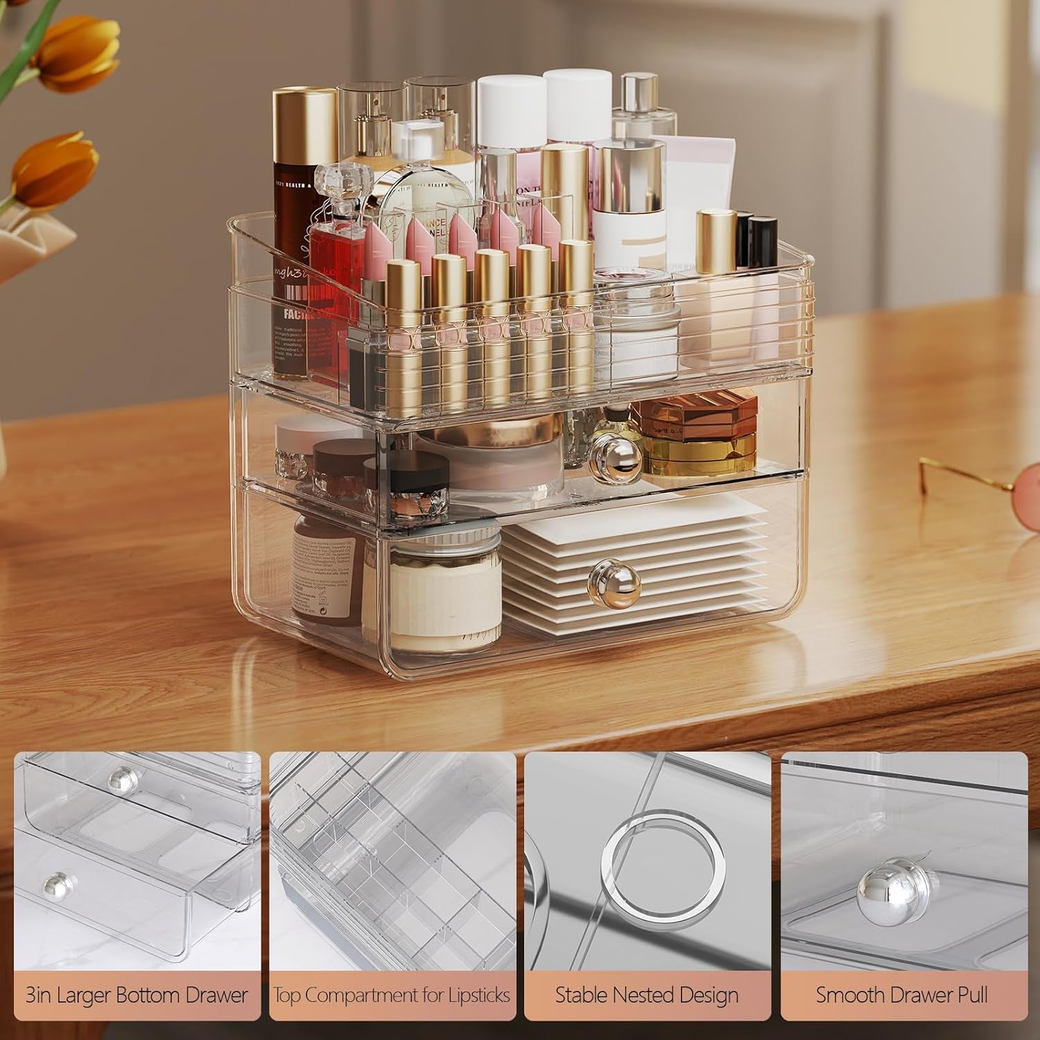 Makeup Organizer with Large Drawers, Bathroom Counter Skincare Organizer for Vanity,Storage Box with Handle, Cosmetic Display Case for Vanity Countertop, Skincare Perfume Storage, Clear