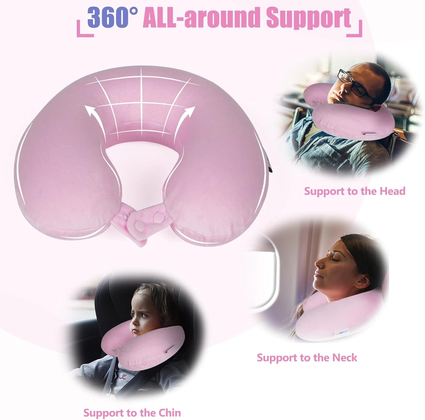 Travel Neck Pillow 100% Pure Memory Foam Airplane Pillow for Head Support,Soft Adjustable Pillow for Plane, Car & Home Recliner (Pink)