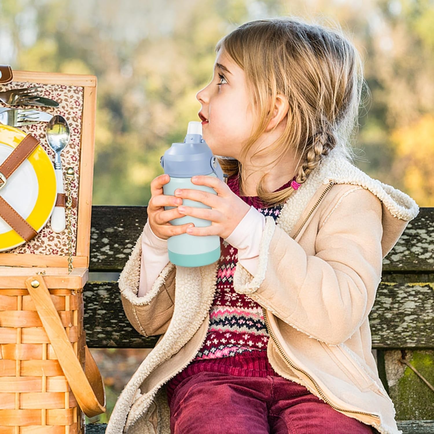 12 Oz Water Bottle, Kids Water Bottles for School, Toddler Water Bottle with Straw & Handle, 304 Stainless Steel Insulated Water Bottle, Non-Slip Silicone Base, BPA Free, Haze Blue