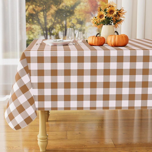 Rectangle Waterproof Vinyl Table Cloth, Buffalo Flannel Backed Tablecloth, Wipeable Plastic Table Cover for Fall, Thanksgiving (60" X 84", Brown and White)