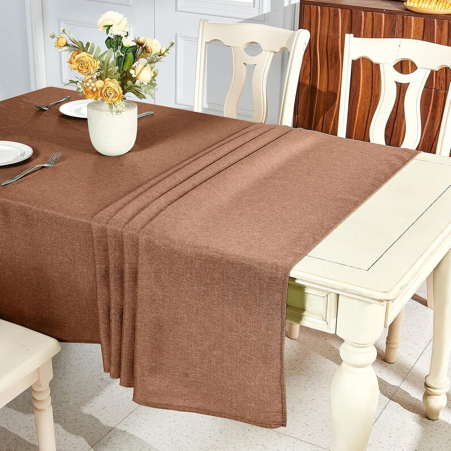 Textured Linen Table Cloth for Rectangle Tables - Coffee Tablecloths Rectangular Waterproof Wrinkle Free Wipeable Dining Table Cover for Spring Wedding Birthday Kitchen Decor, 52 X 70 Inch