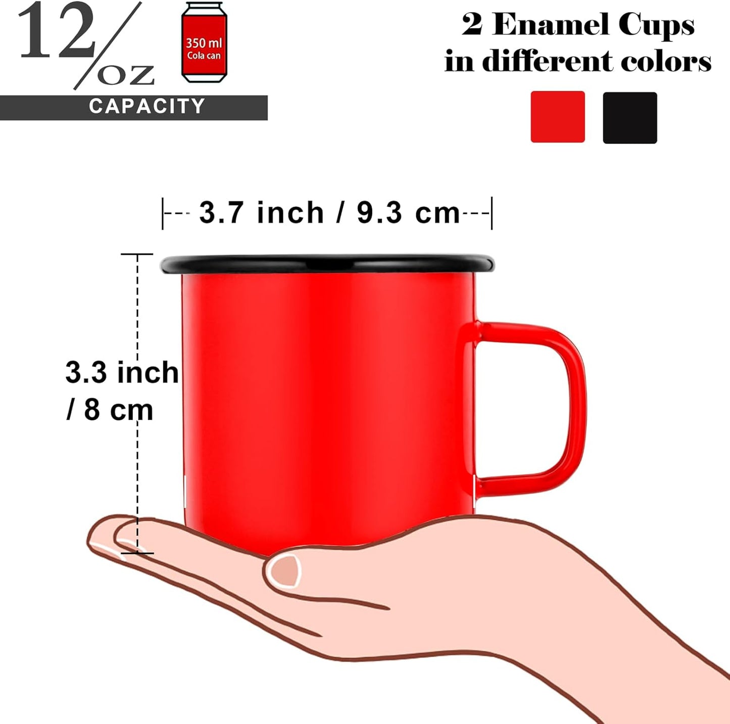 Enamel Coffee Mugs Cups Set of 2,12 Oz Small Enamel Camping Cup for Coffee Water Soup, Indoor and Outdoor Use, Portable & Sturdy, Black & Red