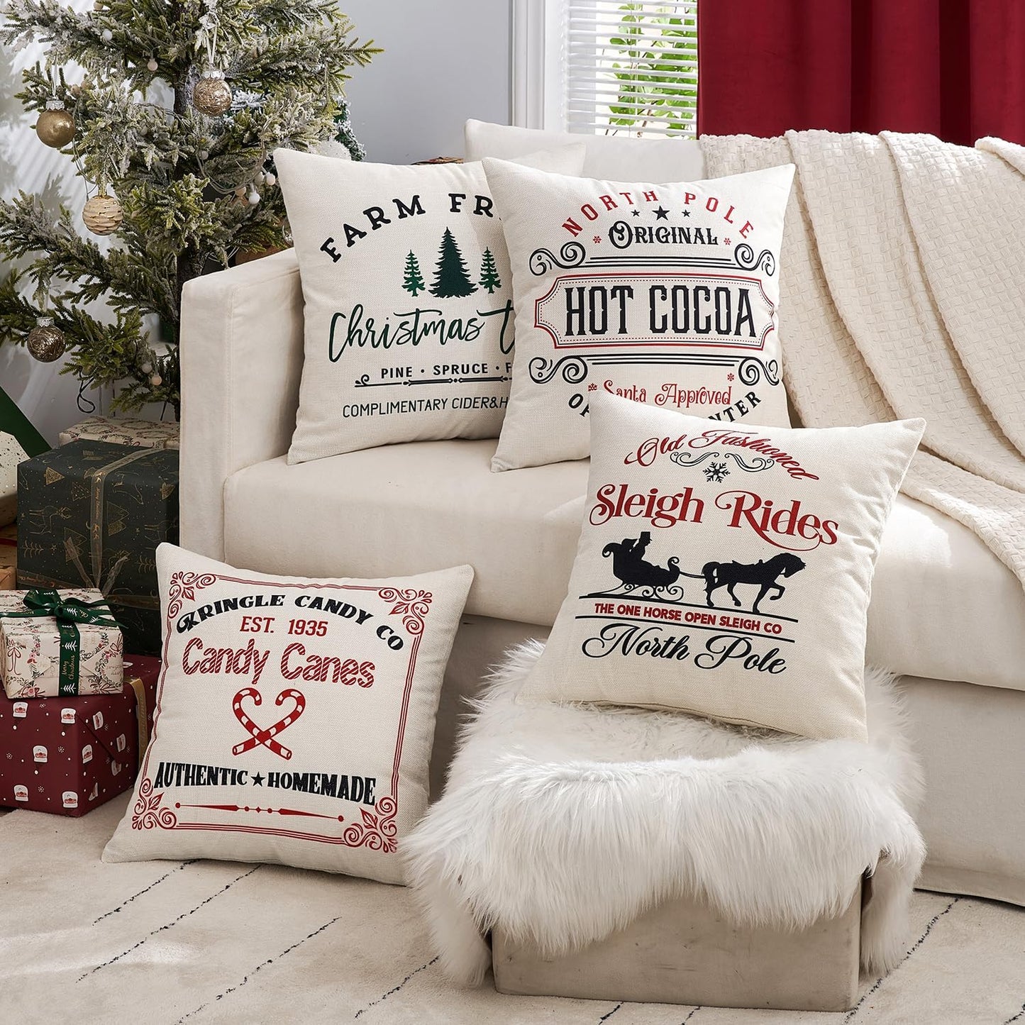 Set of 4 Holiday White Decorative Pillow Covers 18X18 Inch Candy Canes Sleigh Christmas Tree Throw Pillow Cases Winter Seasonal Cushion Cases Home Decors for Sofa Couch Bedroom